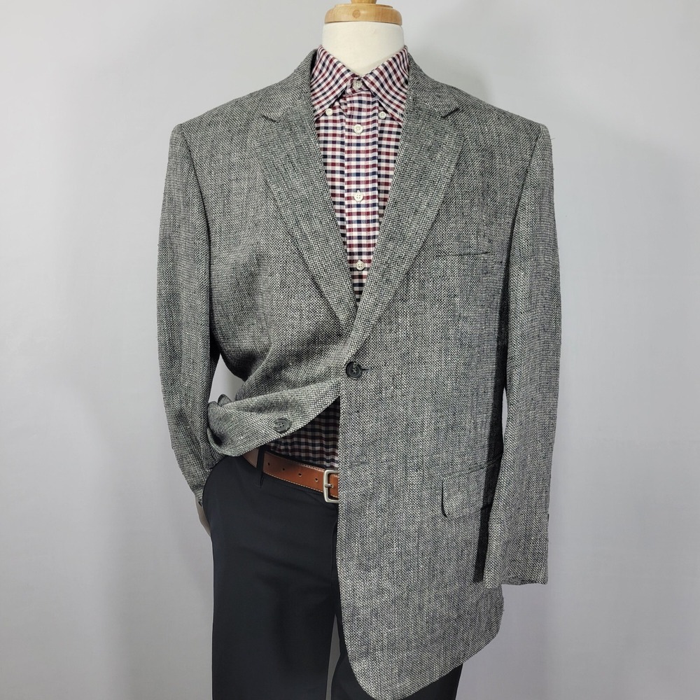 Stafford Men's‎ Sport Coat Blazer Two Button Gray Herringbone 100% SILK 44R